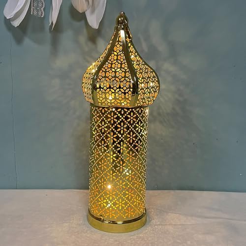 Moroccan Lantern Hollow White LED Wind Lamp Wrought Iron Decorative Ramadan Lantern for Hanging or Table Home, No Battery
