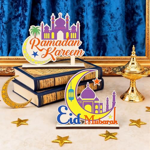DoubleFill 16 Pcs Wooden Islamic Crafts, DIY Mubarak Tabletop Signs with Paint Strips and Brushes, Paint Your Own Muslim School Classroom Art Activity Kit for Mosque Party Home Decor, Back to School - style: Ramadan