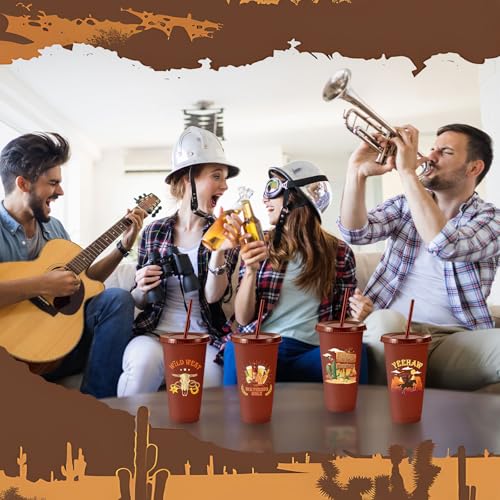 Chuangdi 12 Pcs Western Cowboy Plastic Tumbler, 24 oz Reusable Western Theme Party Plastic Tumbler with Lids and Straw for Rodeo Theme Party Christmas Gifts Birthday Supplies Decorations - style: Cowboy