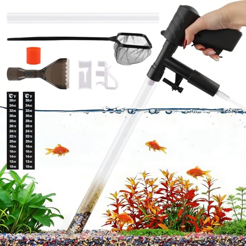 Aquarium Gravel Cleaner, Fish Tank Cleaner Kit, Aquarium Manual Press Noiseless Water Changer, Including Net,Thermometers & Cleaning Accessories for Fish Tank Maintenance