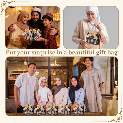 Marspark 30 Pcs Ramadan Mubarak Reusable Gift Bags with Bow, Black Gold Foil Stamping, Eid Lantern Treat Bags with Handles, Reusable Eid for Gifts Wrapping, Kareem Party Supplies, 14 * 6 * 12cm - style: Eid Lantern