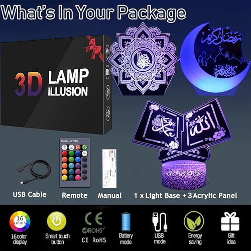 3pcs Muslims Night Lights - 3D Illusion Lamp Set with Moon Castle, Quran Book, Flower Designs - 16 Changeable Colors with Remote and Touch Control Ramadan Islamic Gifts for Kids Friends Home Deco