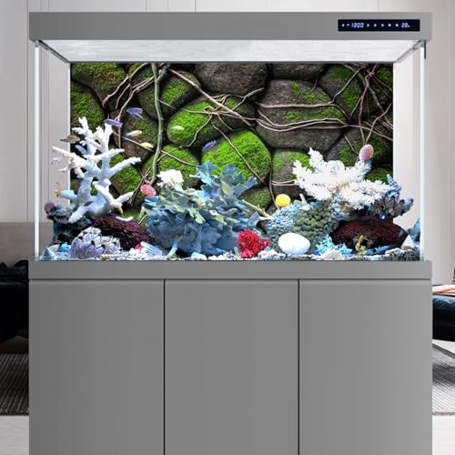 48x18 in Mossy Stone Wall Aquarium Backdrop Rock Fish Tank Background Vinyl - size: 48x18in/120x45cm