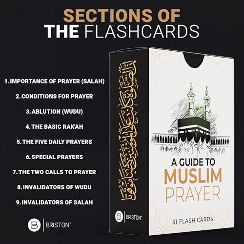 Briston Muslim Prayer Flash Cards – Islamic Learning Guide for Salah, Wudu, Jumah & Tahajjud – Step-by-Step Instructional Cards with Arabic, English Translation & Transliteration – Quran & Hadith