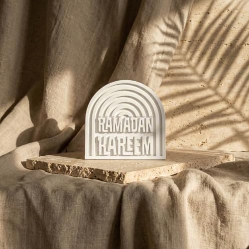 Ramadan Kareem Islamic Table Decor – Elegant Arabic Calligraphy for Home or Office – Unique Islamic Art Piece, Perfect for Eid, Ramadan, or Daily Inspiration – White Stone Powder Statue - style: Ramadan Kareem