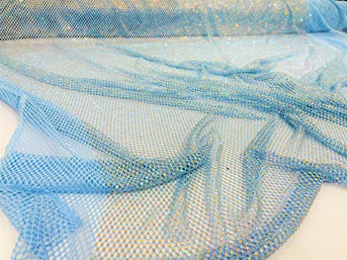 New Creations Fabric & Foam Inc, 45" Wide AB Iridescent Rhinestone On Soft Stretch Fish Net Fabric by The Yard (1 Yard, Iridescent Rhinestones on Light Blue Mesh) - color: Iridescent Rhinestones on Light Blue Mesh