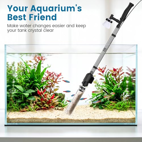 AQQA Electric Aquarium Gravel Cleaner, 6-in-1 Fish Tank Vacuum with Anti-Clog Gravel Barrier, Sand Washer, Water Changer, Filter Bag, Adjustable Flow & Water Circulation, 320GPH for 15+ Gallon Tanks