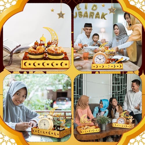 DoubleFill 3 Sets Ramadan Serving Tray Gold Eid Mubarak Holder Al-fitr Home Decoration for Moon Star Tray Gold Container for Home Islamic Muslim Party Tableware Kitchen Dessert Food Storage(Novetly) - style: Novetly