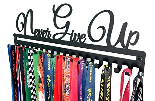 Metal Wall Mount Motivational Medal Hanger Display and Lanyard Ribbon Holder - Ribbon Display Rack with Easy Hanging Hooks & Simple Install, Gifts for Kids & Adults - style: Never Give Up