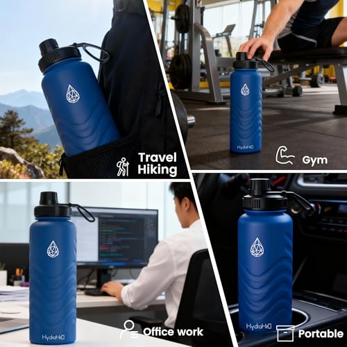 24oz Stainless Steel Insulated Water Bottle, 48H Ice Cold & 24H Hot, Leak-Proof Wide Mouth Lids (Straw & Spout), BPA-Free Bottles, Mens Water Bottle for Gym, Hiking, Travel - Blue - color: Blue, size: 24 Ounces