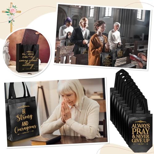 Aliceset 64 Pcs Christian Gift Bags Bulk with Handles for Church Favors Reusable Medium Bible Verse Religious Gift Bags Non Woven Welcome Totes for Baptism Vacation Bible School Gifts (Black) - color: Black