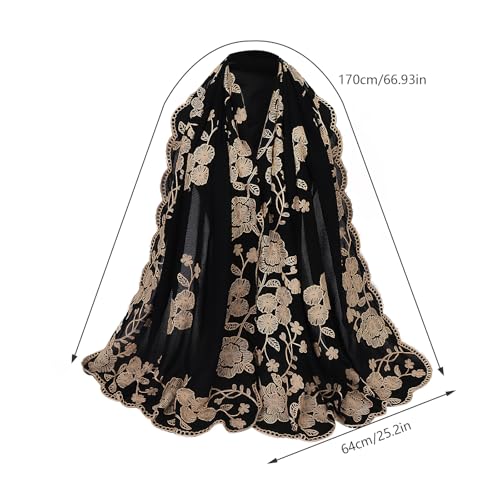 OhMill Black Hijab Scarf Soft Floral Embroidered Chiffon Headscarf Lightweight Lace Scarves Long Shawl Wrap for Women Wedding - color: Flower 1