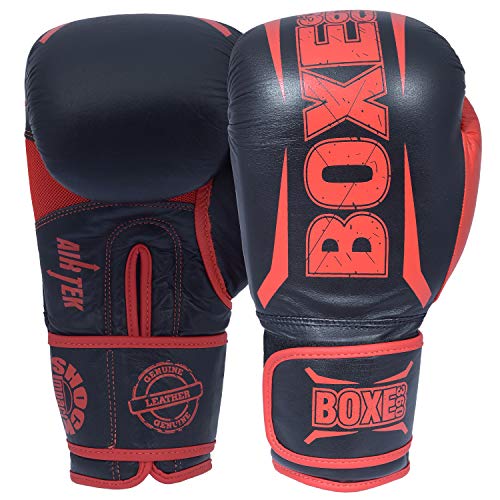 Boxing Gloves | Genuine Cowhide Real Leather | Muay Thai, Kickboxing, Sparring & Training | Pro Punching Gloves for Men & Women - color: BLACK/RED, size: 10OZ
