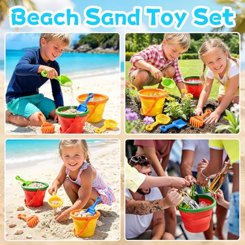 2 Pack Foldable Silicone Sand Buckets Set with 4 Shovels & Mesh Bag | Premium ABS Build, Collapsible Portable Playset, Bright Fruit Print, for Beach, Sandbox, Pool, Camping, Fishing & Party