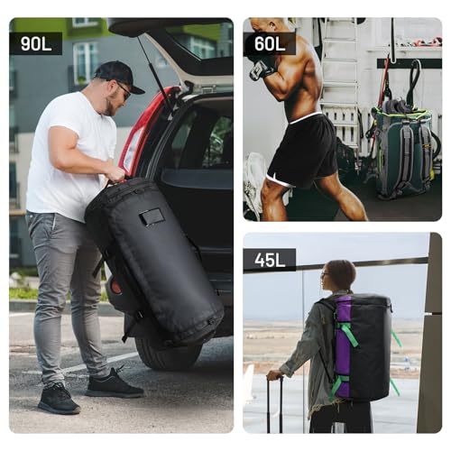MIER 여행용 캠핑 체육관 스포츠용 대형 더플 백 백팩, 45L/60L/90L | 방수, 컨버터블 더플, 탈착식 백팩 스트랩, 신발 수납 공간, 튼튼한 타폴린, 3가지 사이즈 - color: 초록색., size: 45L