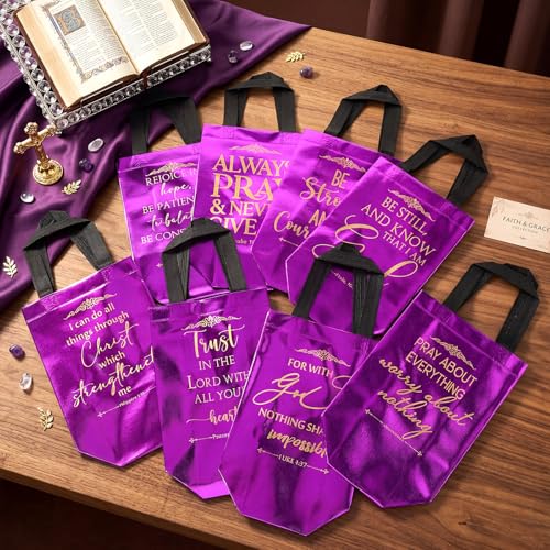 Aliceset 64 Pcs Christian Gift Bags Bulk with Handles for Church Favors Reusable Medium Bible Verse Religious Gift Bags Non Woven Welcome Totes for Baptism Vacation Bible School Gifts (Dark Purple) - color: purple, black