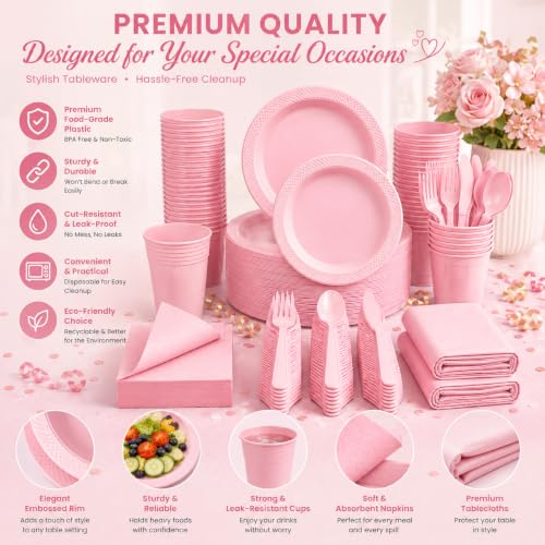 Tinybee 352 Pcs Pink Plastic Plates, Disposable Dinnerware Set for 50 - color: Pink