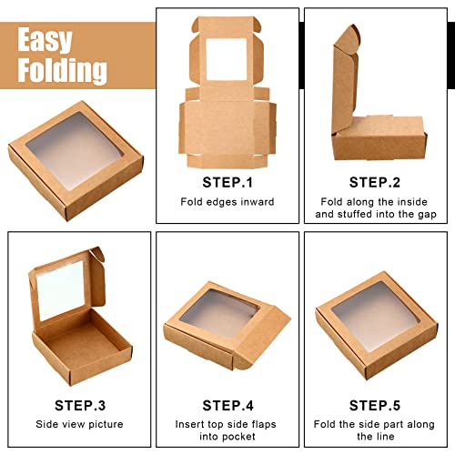 Zonon 30 Pcs Kraft Paper Boxes with Window 4.13 x 4.13 x 1.18 Inch Candy Packaging, Small Gift Boxes, Soap holder, Mini Treat Packaging for Bakery Chocolate Jewelry Display (Brown) - color: Brown