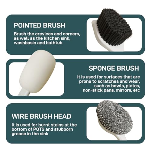 Dish Brush Set of 4 with Holder.Interchangeable Heads Kitchen Scrub Brush,Dishwashing Brush Set with Extended Handle,for Cleaning Pots,Pans,Bottles,Cups,Sinks,scrubbers for Dishes.Green