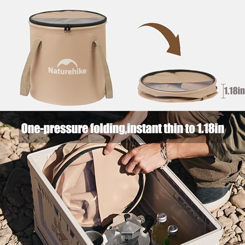 Naturehike 10L Collapsible Bucket, Folding Portable Wash Basin with Handle & Lid for Outdoor Camping Travelling Fishing Hiking Gardening Car Washing (Khaki-10L)