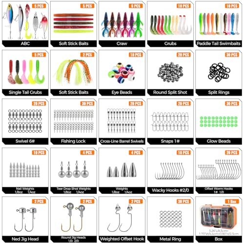 PLUSINNO Bass Fishing Lures Tackle Box Gear Kit with Tackle Included | Waterproof, Compact & Customizable, Bass Trout Fishing Gear Kit, Freshwater Topwater, 16 Rigs, Fishing Gifts for Men Starter - color: Orange 307 PCS Bass Box