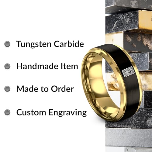 Gift for Muslim Devotee - Prayer Rug Pattern Ring - Black Yellow Rose Gold - Band - Anniversary Wedding - Personalized Custom Engraving - Flat Dome Bevel - 8mm - Men Women - Tungsten Carbide - color: 08 - Yellow Gold Black Tungsten