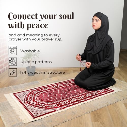 Velvet Muslim Prayer Rug Set with 99 Beads - Red - color: Red