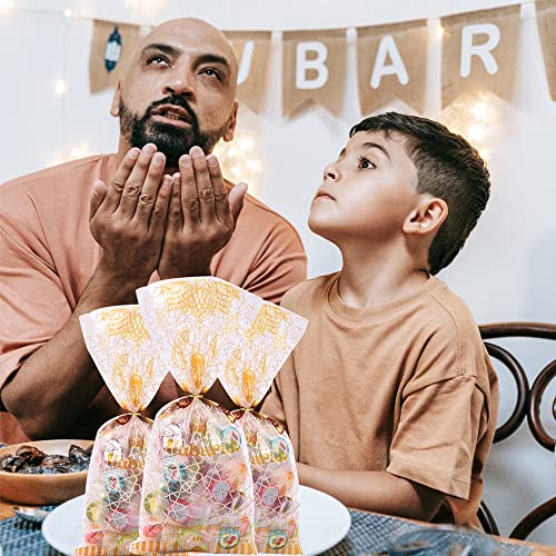 100 Pieces Eid Mubarak Clear Plastic Goody Bags for Kids, Gold Muslim Castle Lantern Ramadan Theme Printed Pattern Gift Bags Cellophane Goodie Favor Bags with Gold Twist Ties for Iftar Diwali Party