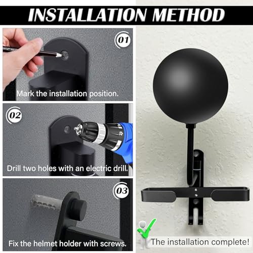 Kikerike Motorcycle Helmet Rack Wall Mount 180 Degree Rotation Metal Bike Helmet Holder Mount Bicycle Helmet Display Hanger Stand with 2 Hooks for Motorcycle Bike Baseball Rugby Helmet - 2 Pack - color: Black(2pcs With Gloves Holder)