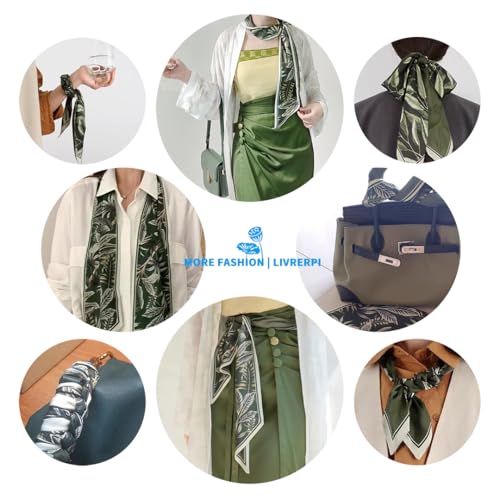 Silk Feeling Head Scarf Fashion Satin Hair Scarf Square Long Scarves for Women Gifts - color: 02 Green Plant Leaf /5.12 X 59 Inch