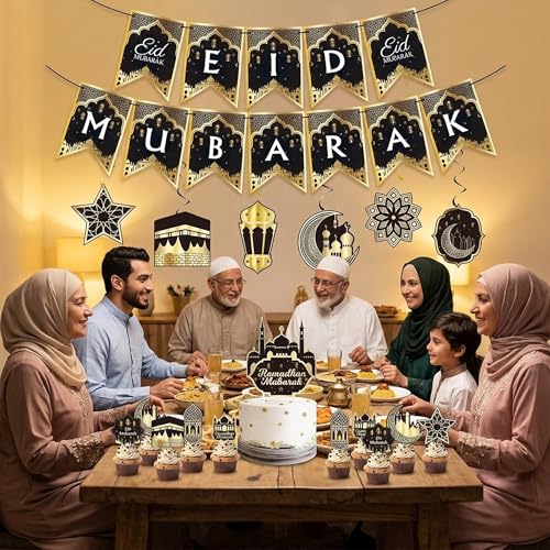 31Pcs Ramadan Decorations - Ramadan Decoration for Home Pre-Assembled Mubarak Eid Kareem Muslim Banner Star Moon Lantern Hanging Swirls Decorations for Home Fireplace Indoor Party Supplies