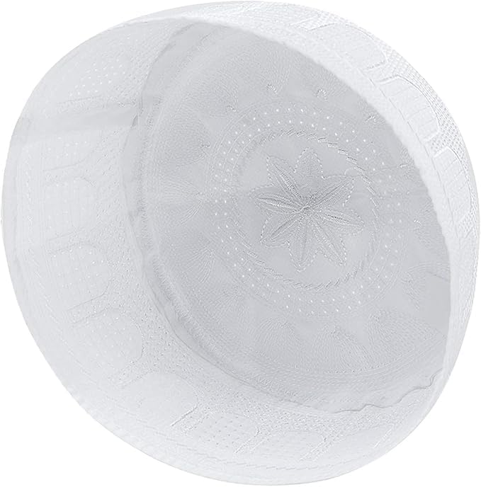 Muslim Prayer Kufi Hat for Men Boys Islamic Beanie Skull Cap Prayer Headwear Embroidery Kofia Topi Sun Hat Ramadan Eid Gift - color: White-large