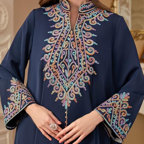 OBEEII Abayas for Women Muslim Applique Embroidery Long Sleeve Maxi Dress Loose Full Cover Islamic Dubai Robe Kaftan Abayas - color: Navy Blue, size: Medium