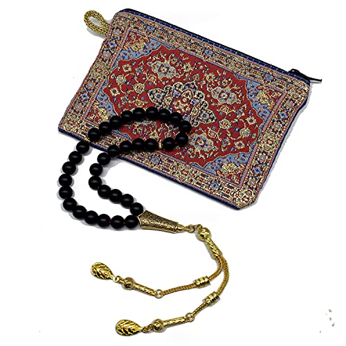 Black Agate Stone Prayer Beads and Bracelet - Worry Beads - Tesbih - Tasbih - Tasbeeh - Misbaha - Masbaha - Subha - Sebha - Rosary (Black Agate Stone/Gold Tassel) - color: Black Agate Stone Prayer Beads and Bracelet