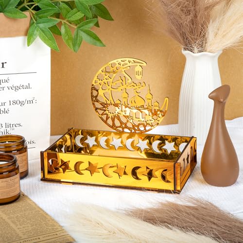 Acrylic Ramadan Decorations for Home Islamic Eid Mubarak Kareem Ramadan Serving Trays Table Sign Moon Hollow Star Sign for Muslim Party Tabletop Decor Art Craft Decoration Centerpiece Tray