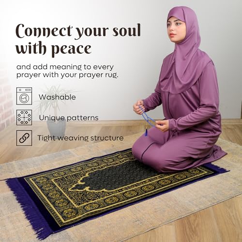Muslim Prayer Rug, Soft Plush Thin Islamic Prayer Mat, Janamaz, Sajada, Praying Carpet, Islamic Gift for Men & Women, Islamic Ma, Eid & Ramadan Gift with Prayer Beads, 26x43 inch, Sky Blue - color: Diriyah / Skyblue