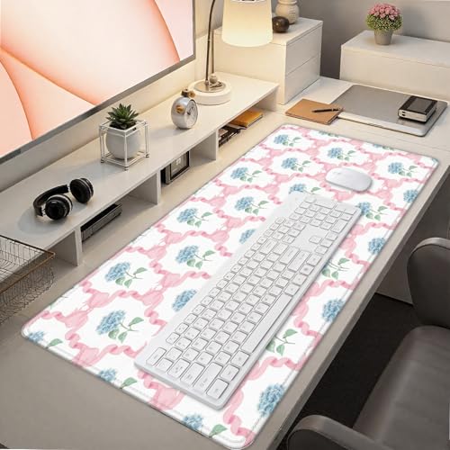 Blue Hydrangea Large Mouse Pad 31.5x15.7inch, Trendy Coquette Pink Bow Flower Aesthetic Large Extended Computer Desk Mat Mousepad for Keyboard and Mouse, Preppy Desk Accessories - color: Color 10