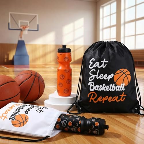 Reallnaive Party Favors Gifts, 24 oz Water Bottles Reusable Sport Squeeze Drinking Cup, Eat Sleep Drawstring Bag Cinch Sack Sport Pack for School Team Gift Event Accessories - style: Basketball
