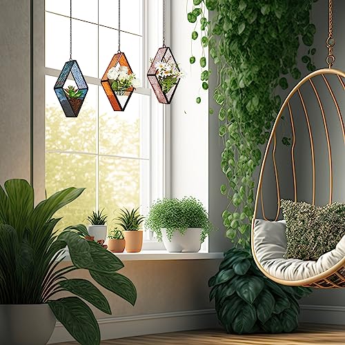 Yaomiao 3 Pcs Stained Glass Hanging Plant Terrariums Hanging Glass Planter Small Geometric Terrarium Air Plant Terrarium with Chain for Succulent Moss Holders Garden Wall Windowsill (Vivid Color)