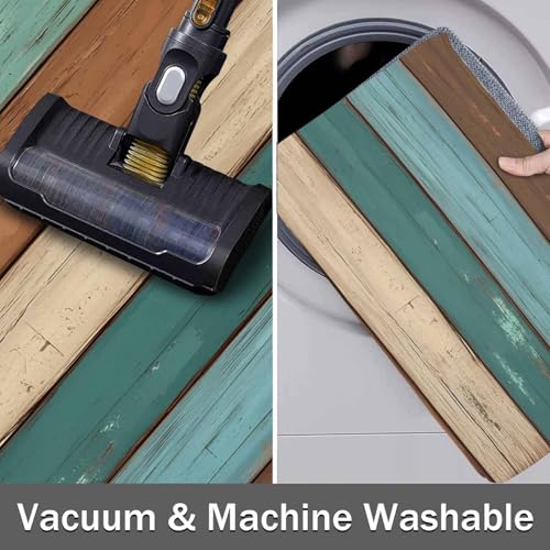 Brown Wood Grain Bathroom Runner Rug Bathmat Soft Bath Shower Bathtub Kitchen Door Mat,Rural Ombre Teal Worn Wooden Stripes Washable Floor Doormat Area Carpet for Bedroom Laundry Room Hallway,16"x24" - size: 16"W x24"L