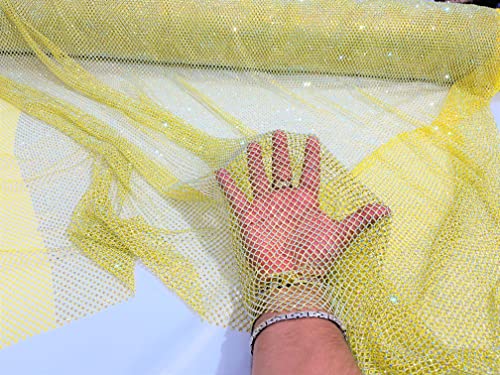 New Creations Fabric & Foam Inc, 45" Wide AB Iridescent Rhinestone On Soft Stretch Fish Net Fabric by The Yard (1 Yard, Iridescent Rhinestones on Yellow Mesh) - color: Iridescent Rhinestones on Yellow Mesh