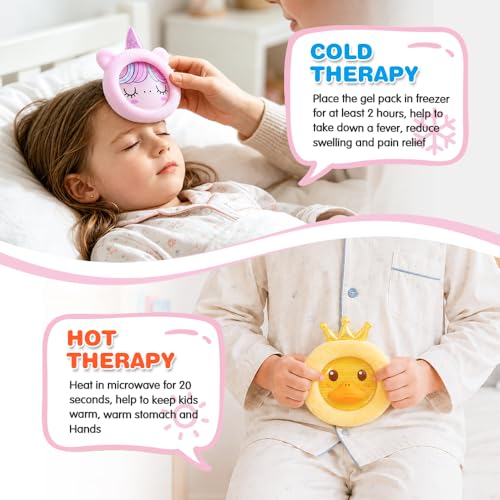 Hilph Kids Ice Packs for Boo Boos, Reusable Gel Cold Packs for Toddlers Injuries, 3 Pcs Hot & Cold Compress with Cute Plush Sleeves for Pain Relief, Fever, Wisdom Teeth, First Aid, Bumps (Unicorn) - style: A-Duck&elk&unicorn