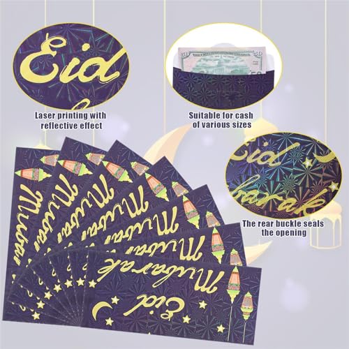 18pcs Eid Mubarak Envelopes for Money, 7 x 3.1 Inch Eid Al-Adha Gift Cards Ramadan Kareem Money Holder Pocket Cash Packet Ramadan Greeting Cards Envelope for Muslim Party Celebrations Decorations