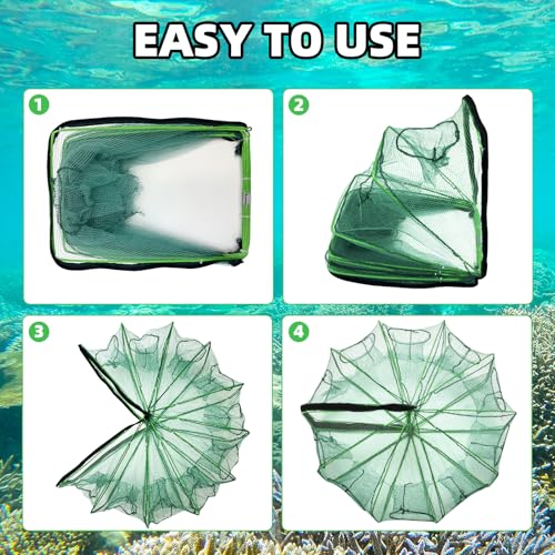 2 Pcs 32 x 10 Inch Collapsible Crab Trap 10 Holes 10 Sides Foldable Fishing Nets with 2 Rope for Minnows Fishing Crawfish Crab Lobster Shrimp