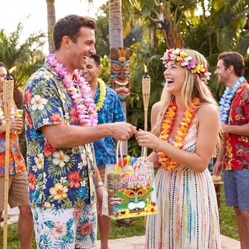 Aliceset 24 Pcs Hawaiian Luau Party Favor Bags Transparent PVC Aloha Tiki Goodie Bags with Handles Reusable Waterproof Candy Totes for Tropical Beach Summer Party Supplies, 6.31" x 5.91" x 3.15" - style: Aloha