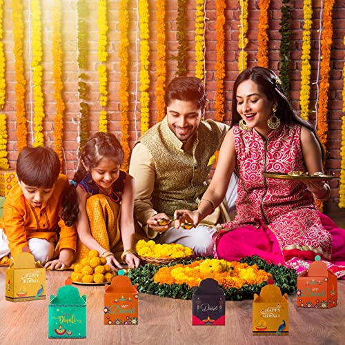 Eersida 12 Pcs Diwali Sweet Gift Boxes Happy Diwali Treat Gift Bags Party Favors Indian Festival of Lights Goodie Gable Boxes Decoration