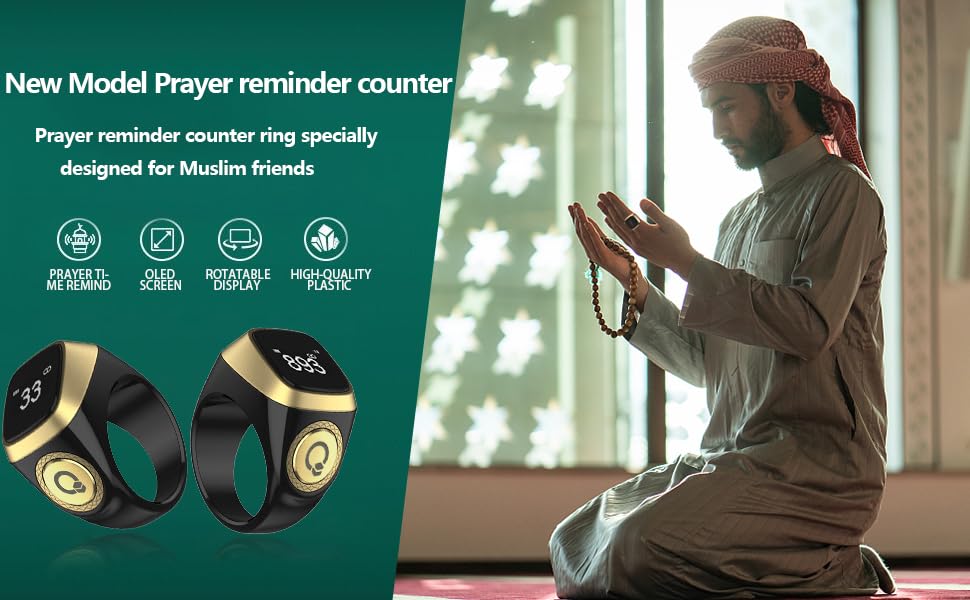 Smart Tasbih Zikr Ring, 20mm Muslim Digital Azan Alarm Clock, Tasbih Counter Smart Ring (Black) - color: Black