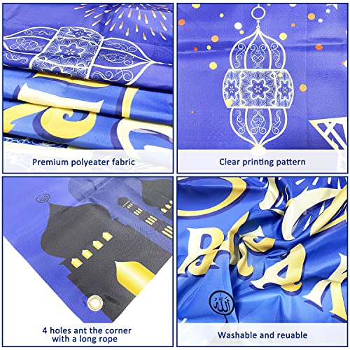 Large Eid Mubarak Party Decorations, Blue and Gold Ramadan Mubarak Backdrop Banner, Muslim Ramadan Banner Photo Booth Backdrop for Eid Mubarak Indoor and Outdoor Home Decor