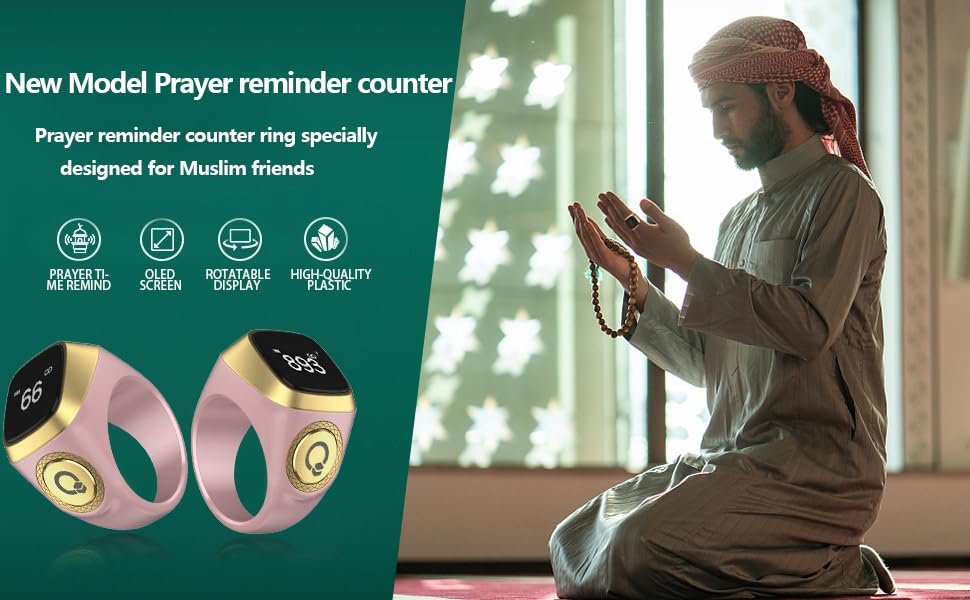 Smart Tasbih Zikr Ring, 20mm Muslim Digital Azan Alarm Clock, Tasbih Counter Smart Ring (Pink) - color: Pink