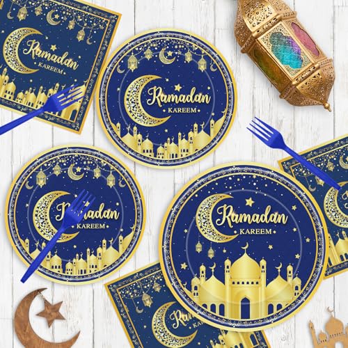 96 Pcs Ramadan Plates and Napkins Forks Sets - Blue Gold Eid Mubarak Themed Round Tableware, Disposable KAREEM Paper Plates Napkins Kit for Ramadan Party Supplies Favors Table Decorations, Serves 24 - style: Ramadan